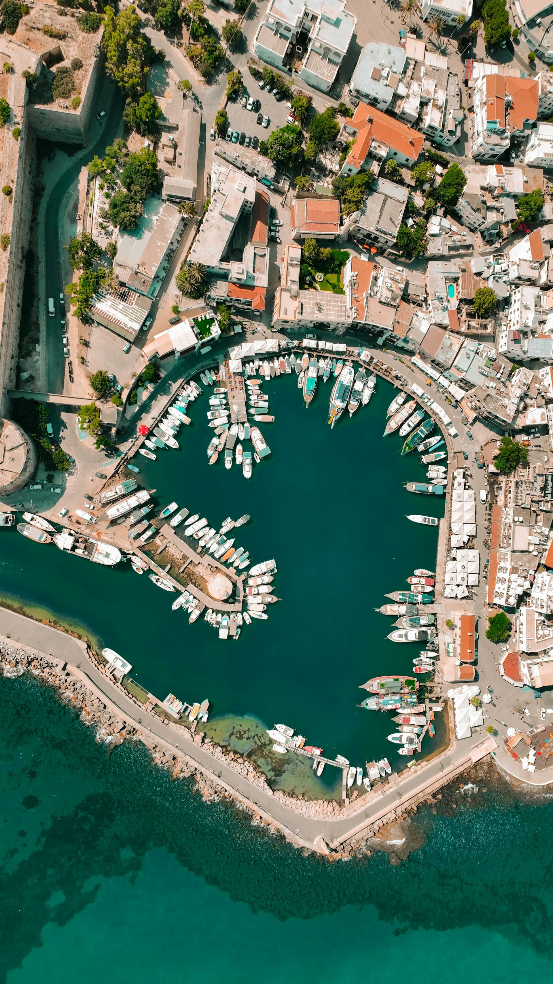 Aerial view of a harbour marina full of boats